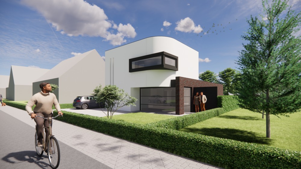 Afbeelding van Kubuswoning met wit pleisterwerk en afgeronde hoekpartij - 309eee28-1061-47d2-adab-24ae67d0e795