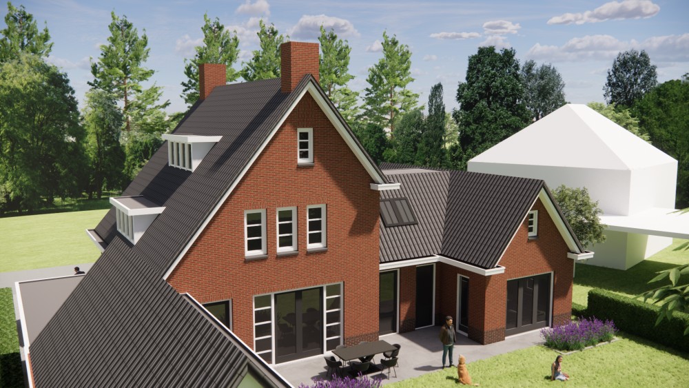 3D Render van vrijstaande jaren 30 woning met metselwerk gevels en zadeldak met gegolfde dakpannen 10