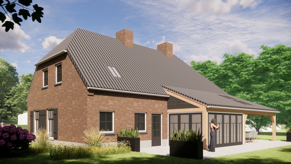 3D Render van landelijke boerderijwoning in metselwerk met wolfsdak met gegolfde dakpannen en houten accenten 4