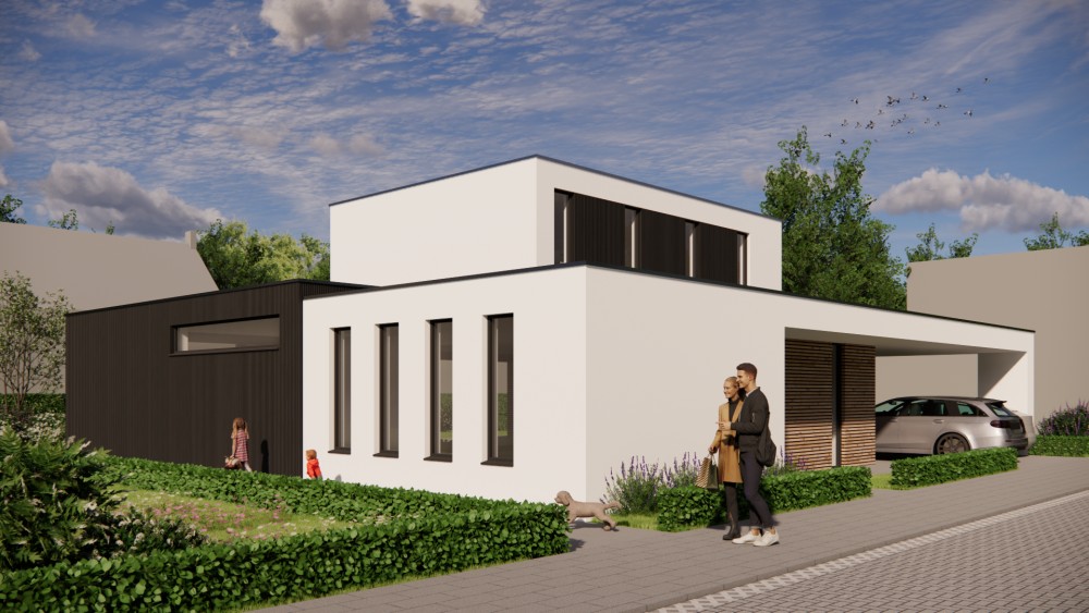Afbeelding van Witgepleisterde kubuswoning met royale overstekken en geïntegreerde carport - df8de45f-e85d-415a-94f7-3ef52e1a95f9