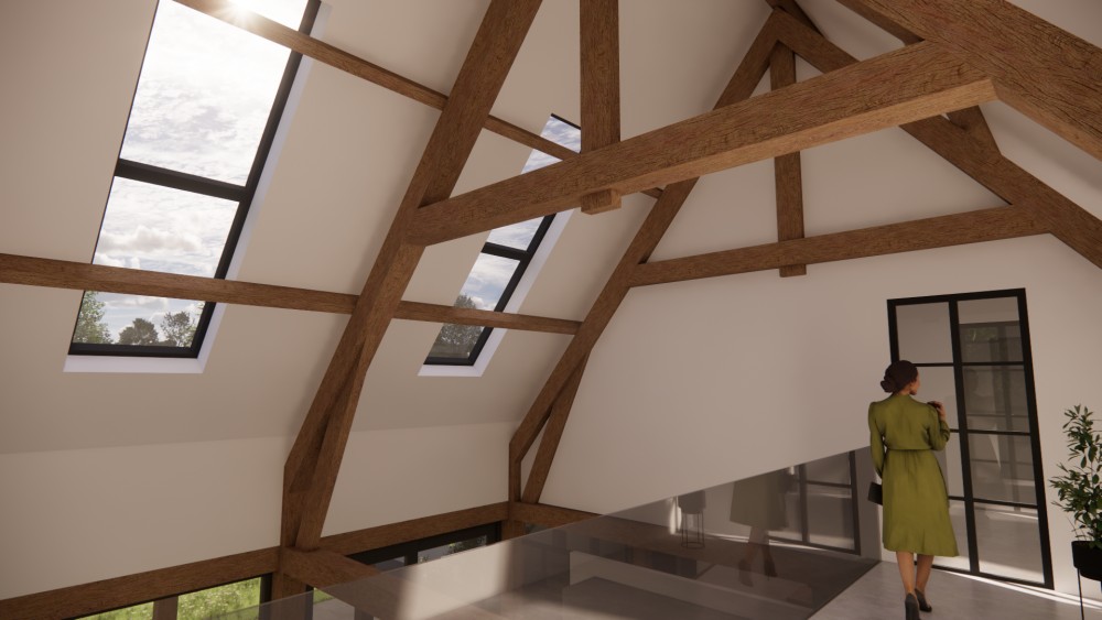 Afbeelding van Moderne schuurwoning met strak pleisterwerk en houten accenten - f693cd34-3170-41b2-9827-167ded287a47