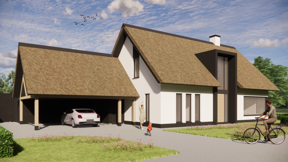 Afbeelding van Landelijke woning met rieten kap, witte gevels en houten accenten - c847914a-39ce-450e-b06d-a67b8bea3210