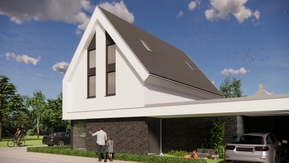 Afbeelding van Witgepleisterde moderne woning met vlakke dakpannen en royale dakoverstekken - 320dc6f6-3b98-47cc-b1a6-2901bcad00aa
