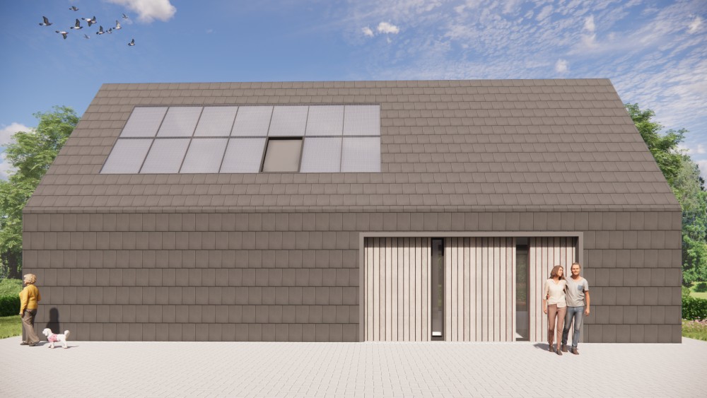 3D Render van schuurwoning met zadeldak, donkere gevelsteen en houten accenten 4