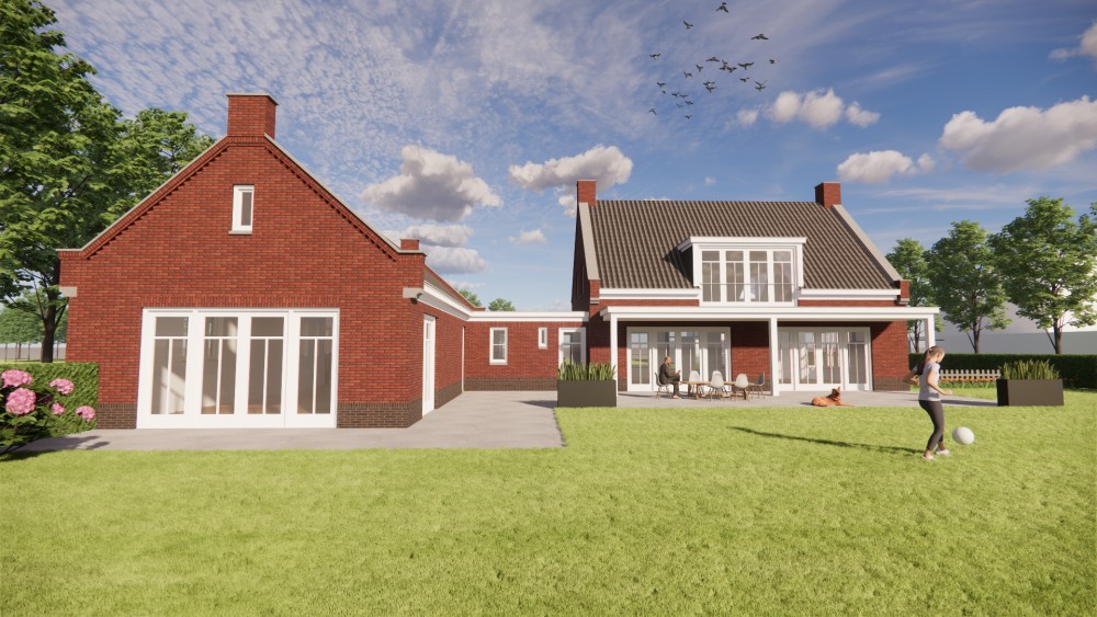 3D Render van traditionele notariswoning met metselwerk gevels, zadeldak en erker 7