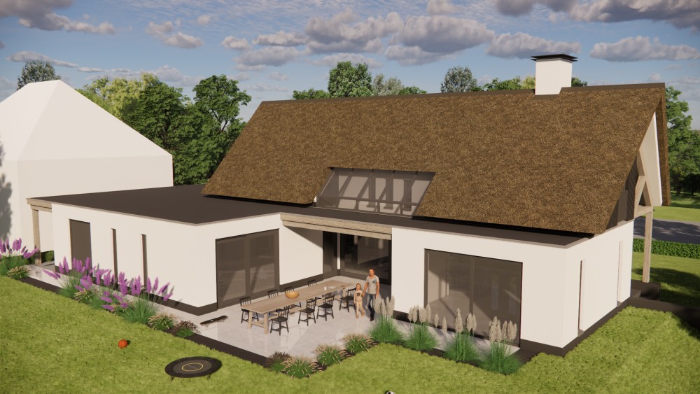 3D Render van moderne vrijstaande woning met rieten zadeldak witte pleistergevel en houtaccenten 8