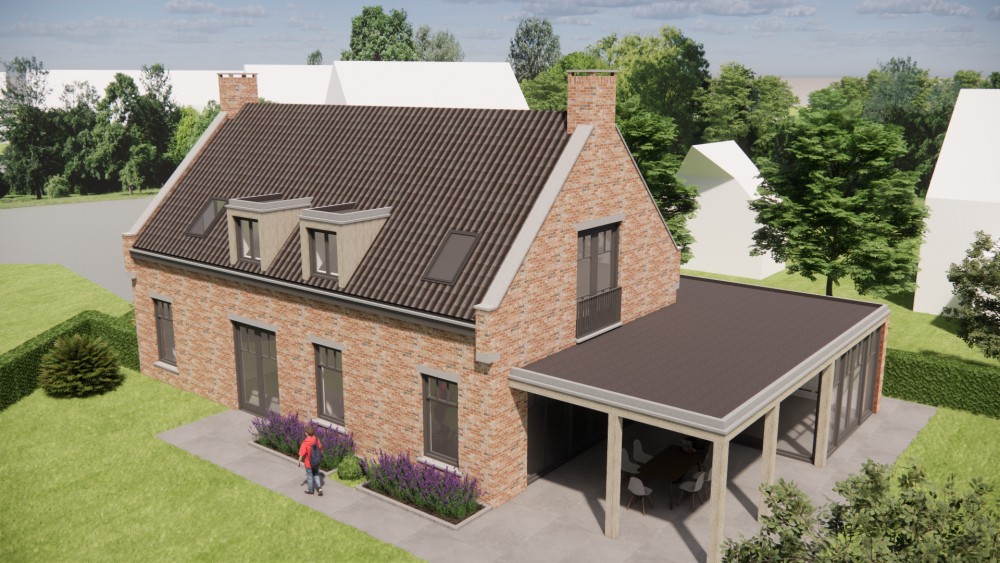 3D Render van vrijstaande Kempische woning in metselwerk met zadeldak en gegolfde dakpannen 8