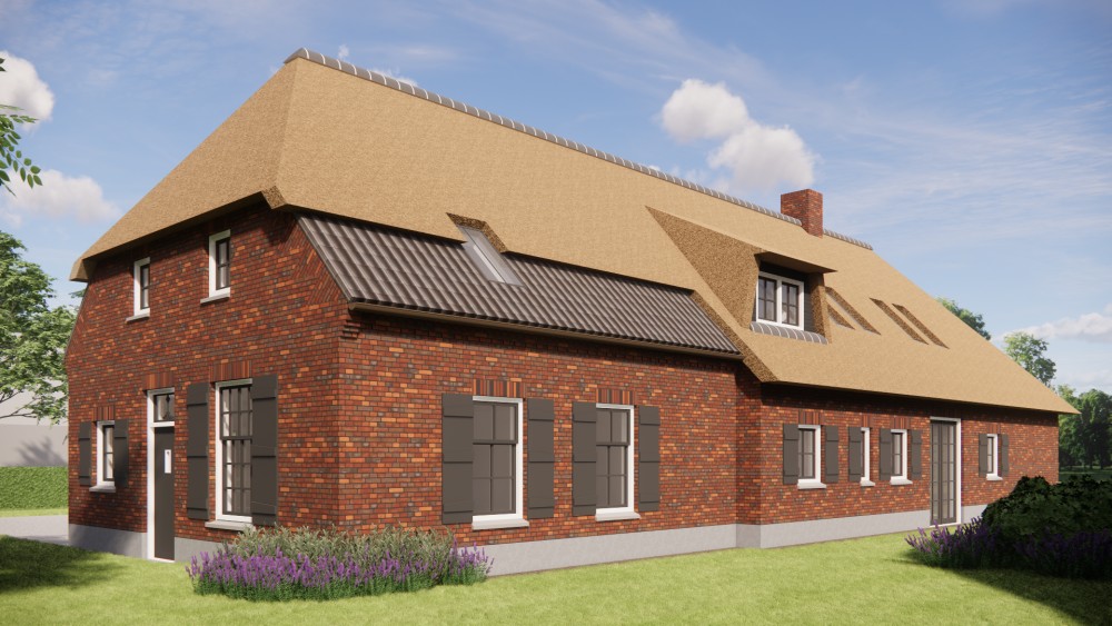 Afbeelding van Rietgedekte landelijke woning met rood metselwerk en houten accenten - c52dae6b-876f-4c54-ae88-a65d0093bb82