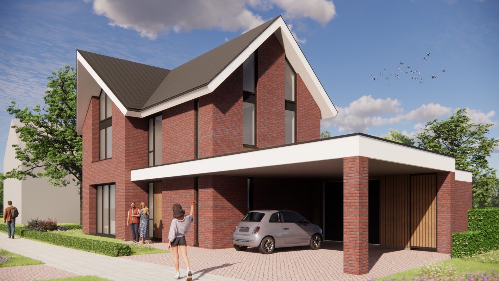 Afbeelding van Strakke baksteenarchitectuur met zadeldak en schuine dak overstek - c07a714d-070b-4ec2-8bd1-0808acb6ce37