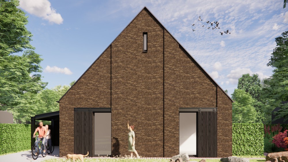 3D Render van schuurwoning met stalen spant, metselwerk gevel en felsplaten zadeldak 6