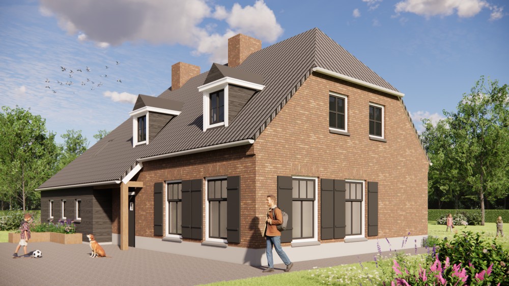 Afbeelding van Landelijke boerderijwoning in metselwerk met wolfsdak met gegolfde dakpannen en houten accenten - 4ef5b783-21fe-468d-bfd1-398cb510267c