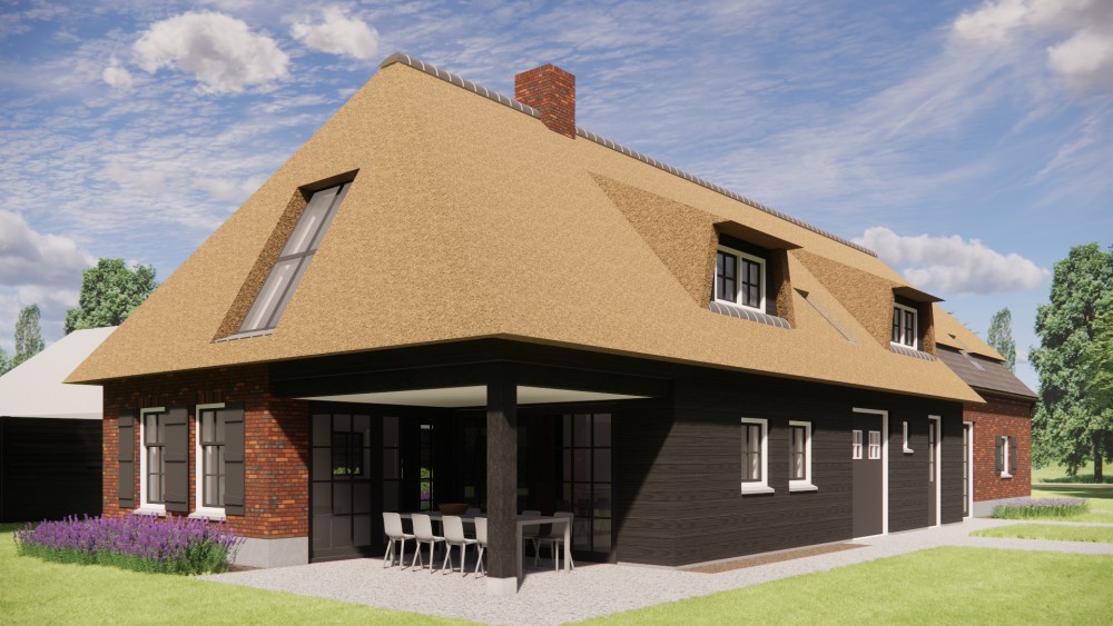 Afbeelding van Rietgedekte landelijke woning met rood metselwerk en houten accenten - c52dae6b-876f-4c54-ae88-a65d0093bb82