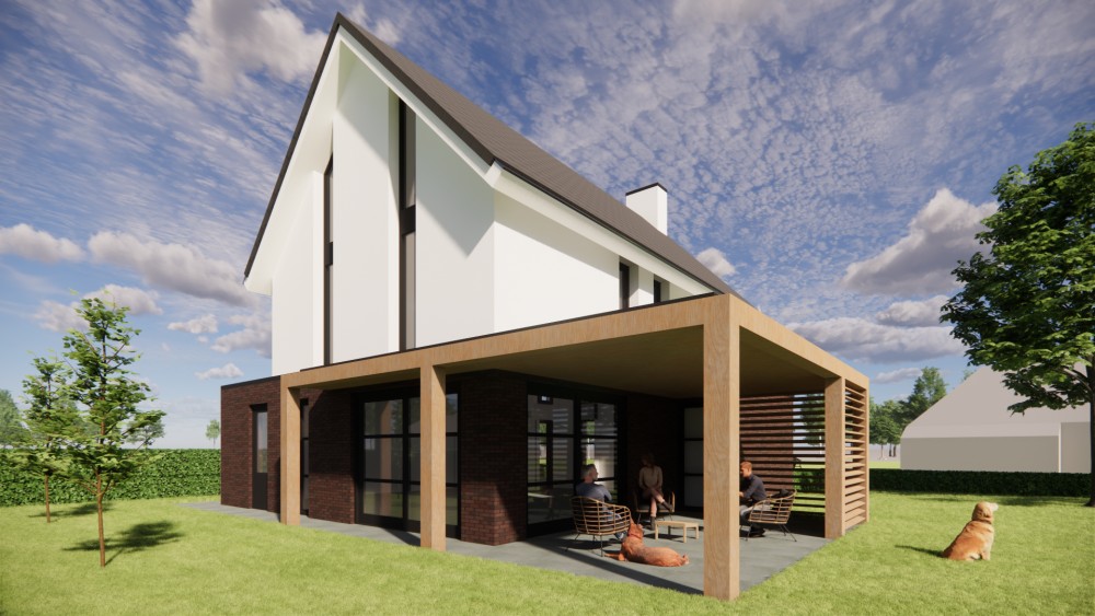 Afbeelding van Witgepleisterde moderne woning met risaliet, houten accenten en vlakke dakpannen - 65f24f52-01a6-4737-8a4b-ec7e112b827d