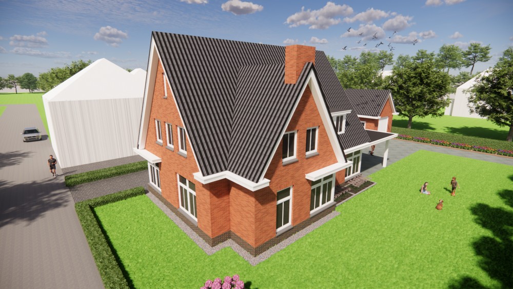 3D Render van vrijstaande jaren 30 woning met rood metselwerk, zadeldak met gegolfde dakpannen en dakkapel 4