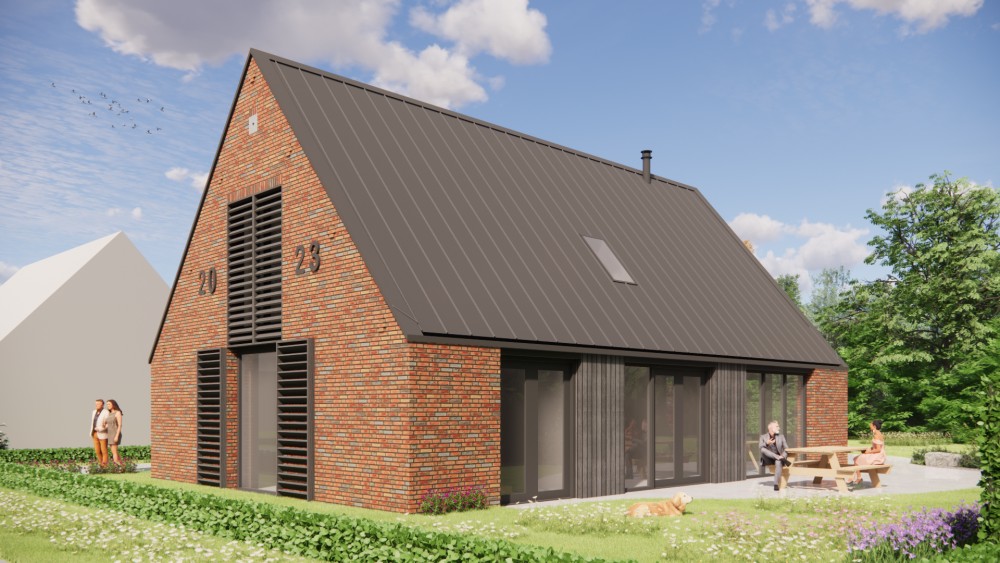 3D Render van eigentijdse schuurwoning met metselwerk en houten gevelaccenten 5
