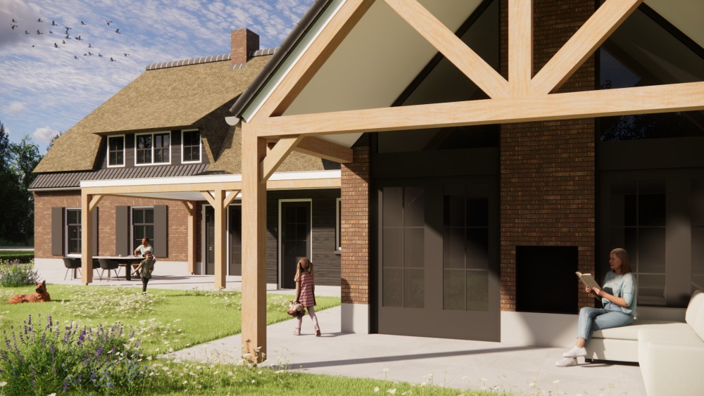 Afbeelding van Vrijstaand landelijk huis met metselwerk gevels en wolfsdak in riet en gegolfde pannen - 1500044d-a52e-4225-b348-1803a83b1f78