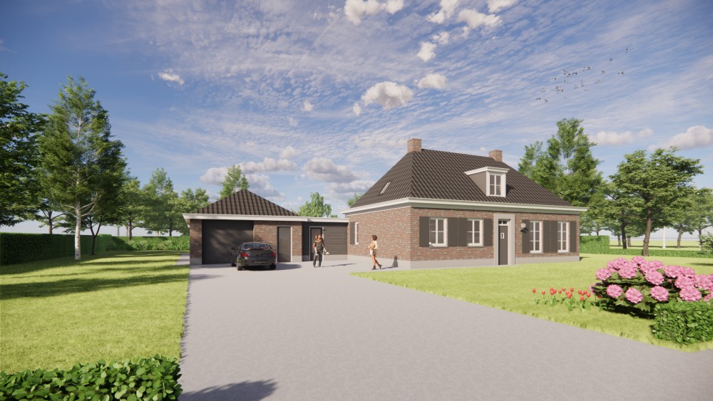 3D Render van traditionele notariswoning met metselwerkgevels, luiken en schilddak 1