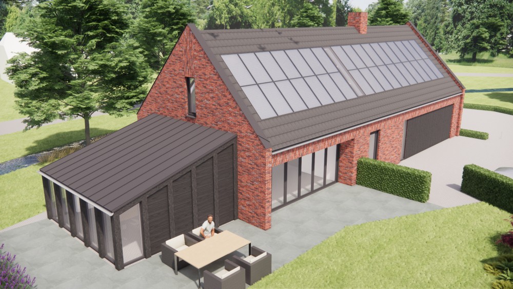 3D Render van vrijstaande moderne woning in rood metselwerk met zadeldak in vlakke dakpannen en houtaccenten 9