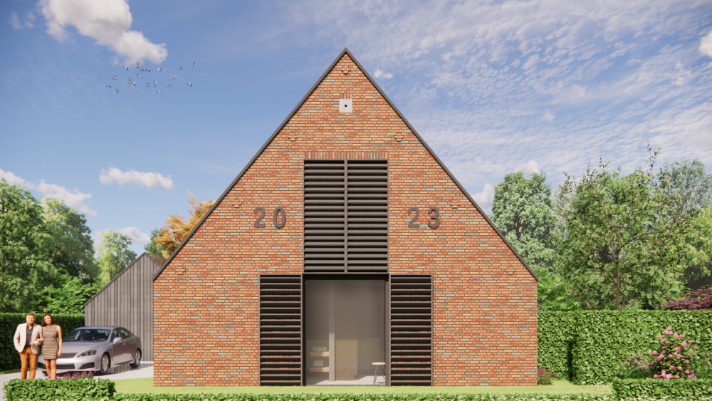 3D Render van eigentijdse schuurwoning met metselwerk en houten gevelaccenten 7