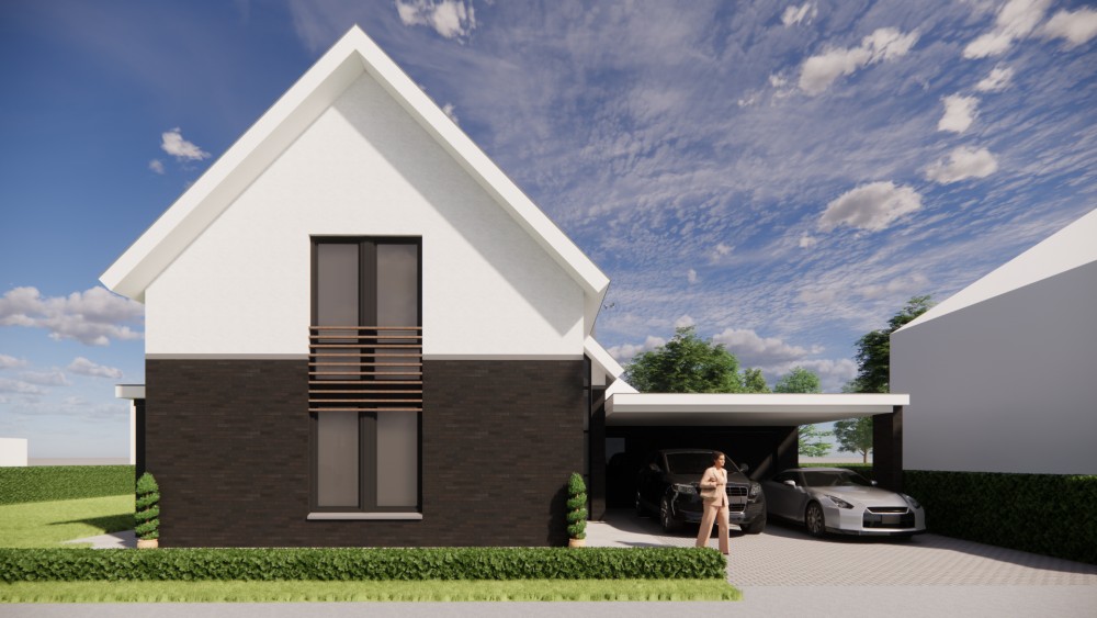 3D Render van vrijstaande eigentijdse woning met metselwerkgevel en zadeldak met vlakke dakpannen 5