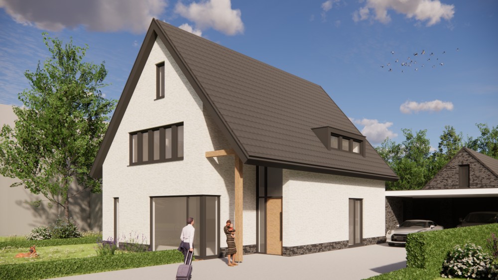 Afbeelding van Moderne vrijstaande woning met gekeimd metselwerk en zadeldak met vlakke dakpan - 68e30eed-b98f-445e-a02e-211ac03f5733