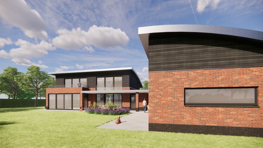 3D Render van eigentijdse vrijstaande woning met gebogen groendak, metselwerkgevels en houten accenten 7
