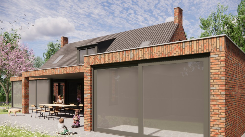 Afbeelding van Moderne woning met donker zadeldak, metselwerk gevel en geïntegreerde schoorsteen - 05e1181b-3991-4873-af3a-9fef48c9c702