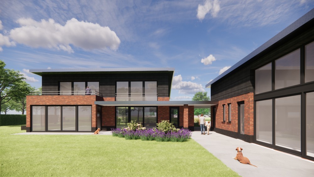 3D Render van eigentijdse vrijstaande woning met gebogen groendak, metselwerkgevels en houten accenten 6