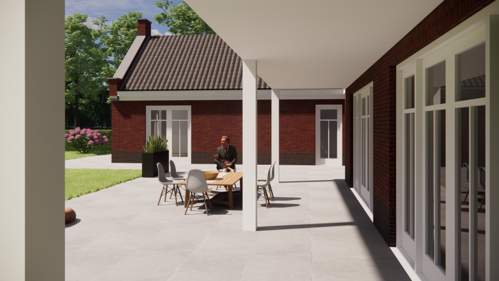 3D Render van traditionele notariswoning met metselwerk gevels, zadeldak en erker 4