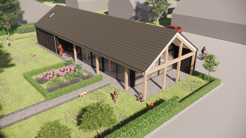 3D Render van schuurwoning met vlakke dakpan, houten details en landelijke setting 7
