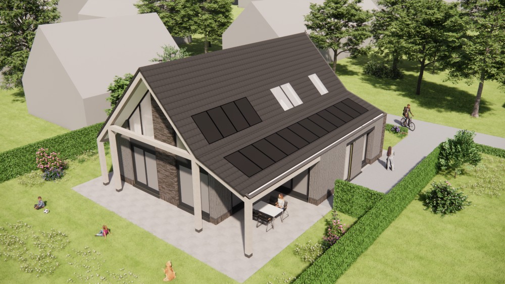 3D Render van schuurwoning met vlakke dakpannen, houten luiken en metselwerkgevels 8