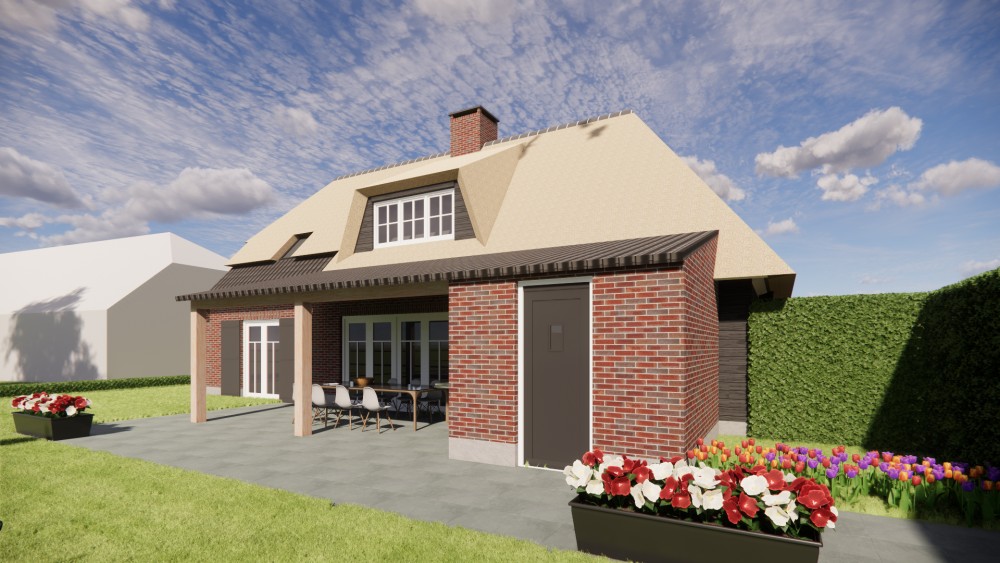 3D Render van landelijke boerderijwoning met rieten dak en metselwerkgevels 4