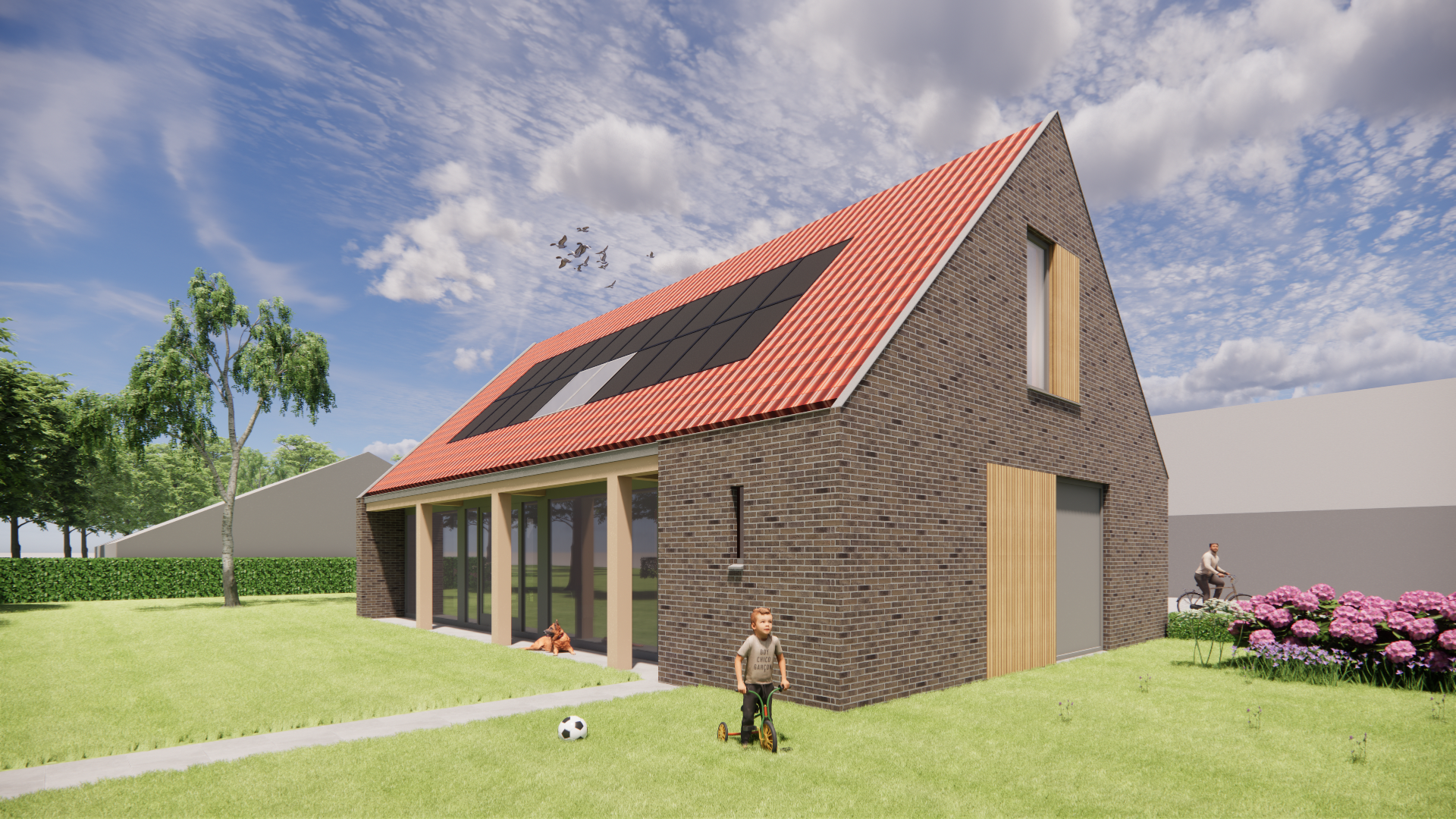 3D render van Schuurwoning met rood zadeldak en houten gevelaccenten