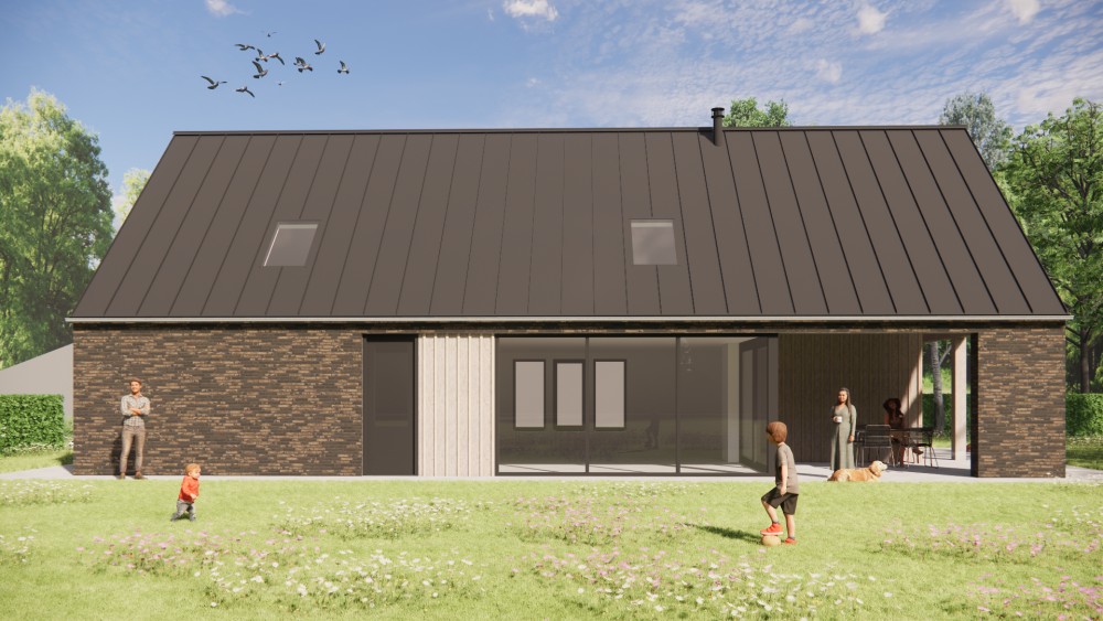 3D Render van schuurwoning met houten gevels, metalen zadeldak en overdekt terras 5
