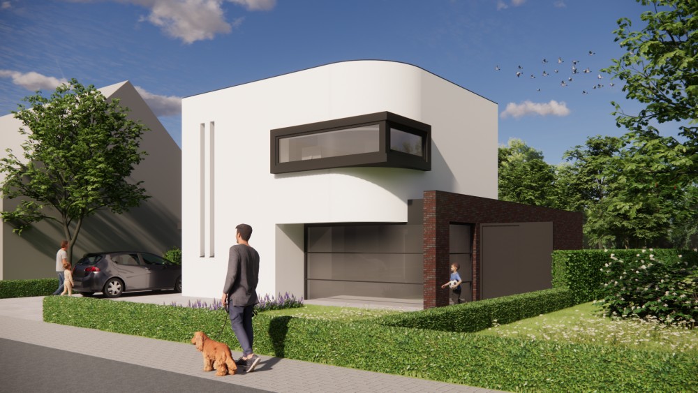 Afbeelding van Kubuswoning met wit pleisterwerk en afgeronde hoekpartij - 309eee28-1061-47d2-adab-24ae67d0e795