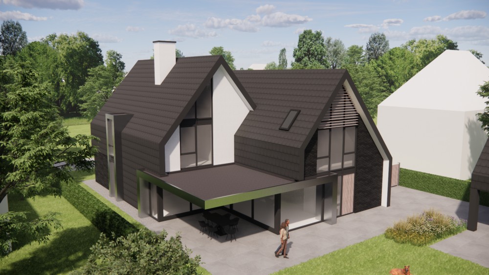 3D Render van eigentijdse villa met metselwerk gevels en zadeldak met vlakke dakpannen 8
