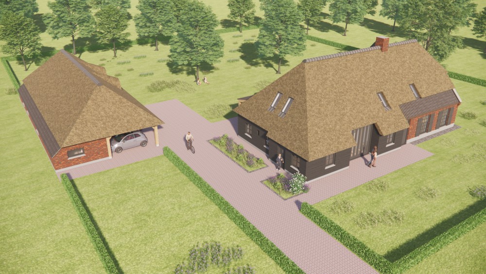 3D Render van boerderijwoning met rieten wolfsdak, houten accenten en metselwerkgevels 8