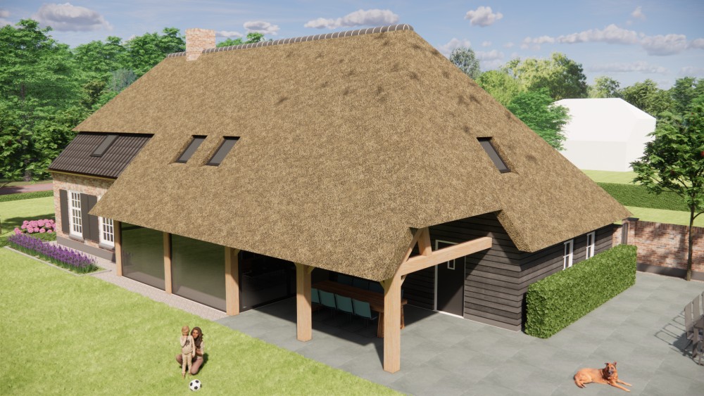 3D Render van vrijstaande schuurwoning met schilddak in metselwerk en hout 8