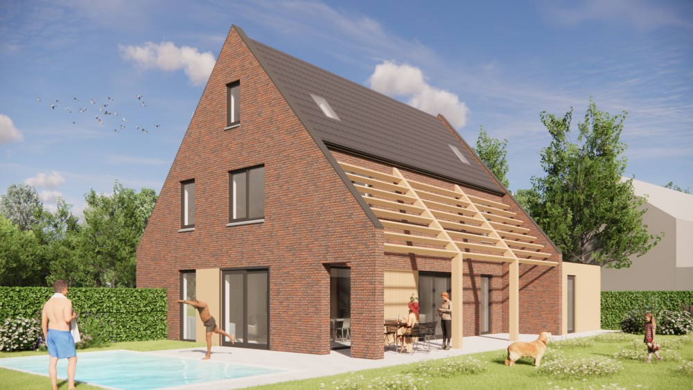 Afbeelding van Vrijstaande moderne woning in rood metselwerk met zadeldak van vlakke dakpannen en houten accenten - ef01d1f2-51d4-409f-87f9-474c5f352a34