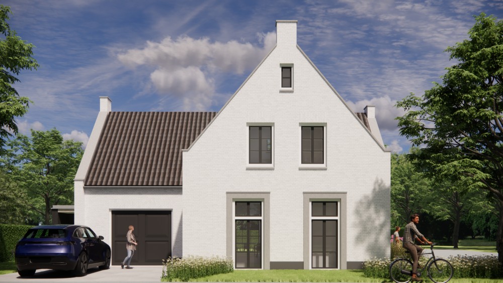 3D Render van jaren 30 woning met wit gekeimd metselwerk schoorsteen en zadeldak met gegolfde dakpannen 5