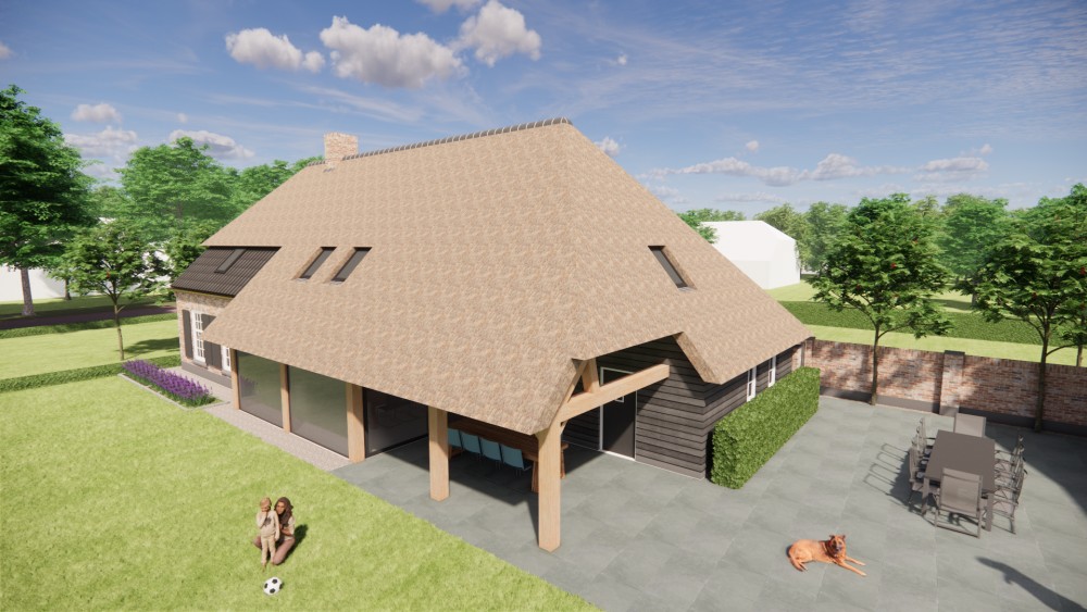 3D Render van vrijstaande schuurwoning met schilddak in metselwerk en hout 6