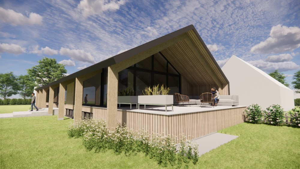 3D Render van moderne schuurwoning met houten gevel felsplaat zadeldak en overstekken 7