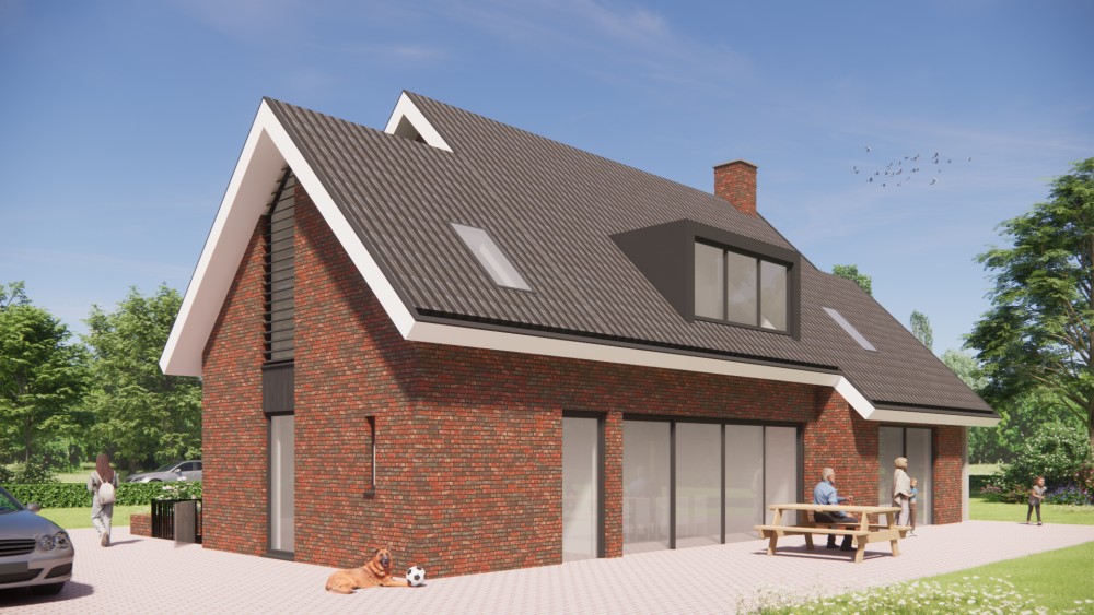 3D Render van landelijk-modern woonhuis met metselwerk, houten balken en gegolfd zadeldak 5