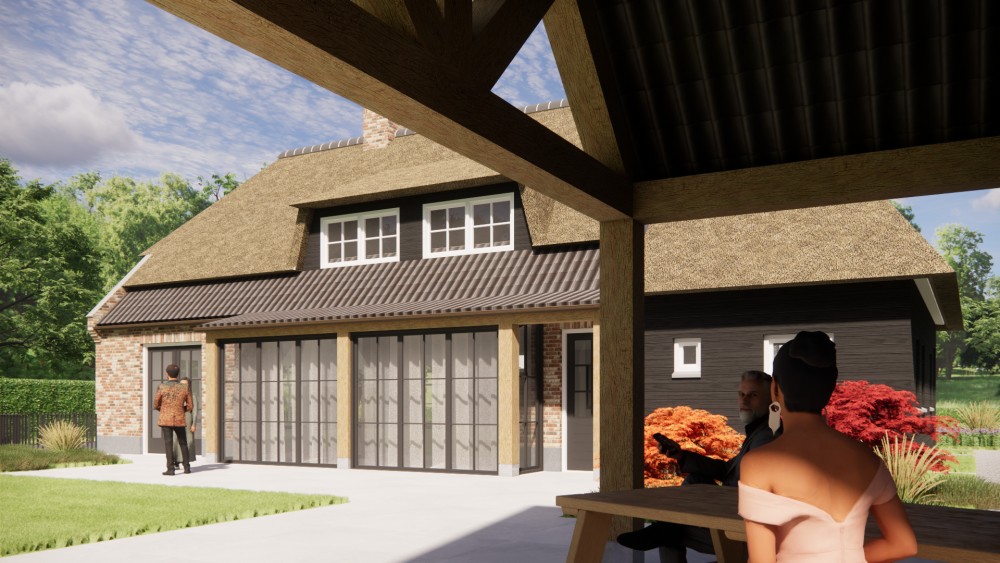 3D Render van landelijke boerderijwoning met rieten wolfsdak en metselwerk met houten accenten 10