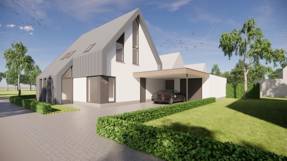 3D Render van moderne woning met metalen zadeldak en houten accenten 1