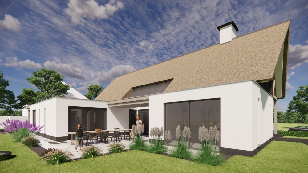 Afbeelding van Moderne vrijstaande woning met rieten zadeldak witte pleistergevel en houtaccenten - 700535c5-23ff-42ed-a736-87e5ef86d7f4