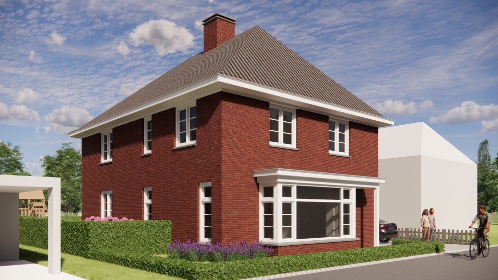 3D Render van vrijstaande notariswoning met metselwerk gevels en klassiek schilddak 4