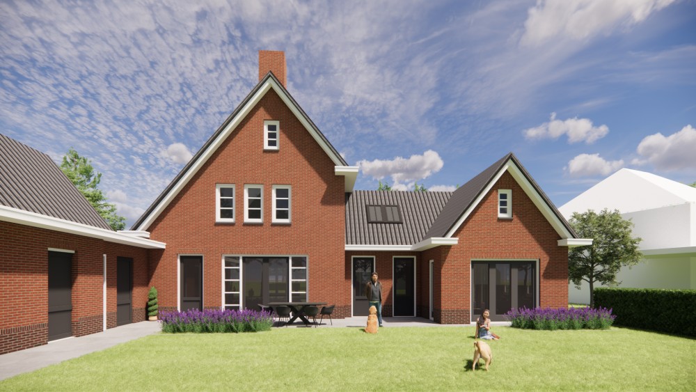 3D Render van vrijstaande jaren 30 woning met metselwerk gevels en zadeldak met gegolfde dakpannen 5