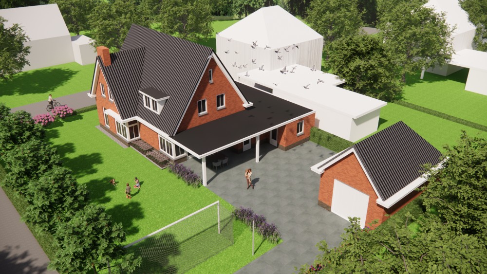 3D Render van vrijstaande jaren 30 woning met rood metselwerk, zadeldak met gegolfde dakpannen en dakkapel 9