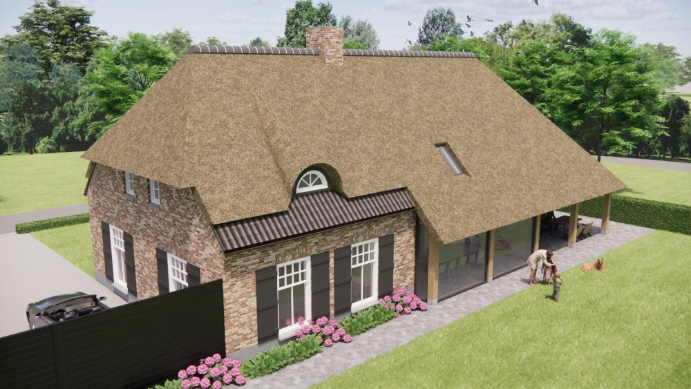 3D Render van vrijstaande boerderij met beige metselwerk, dakkapel en luiken 8